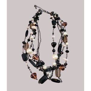 Layered Multi Strand Beaded Necklace Black White Brown